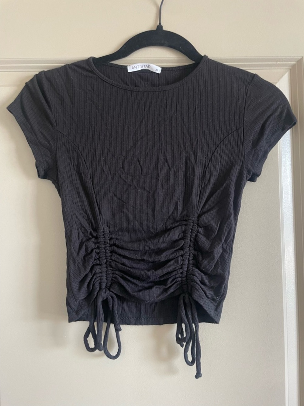 Antistar Black Ruched Crop Tee with Drawstring Detail